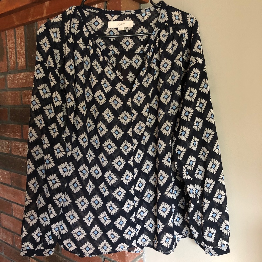 Long sleeve navy v-neck sheer floral blouse